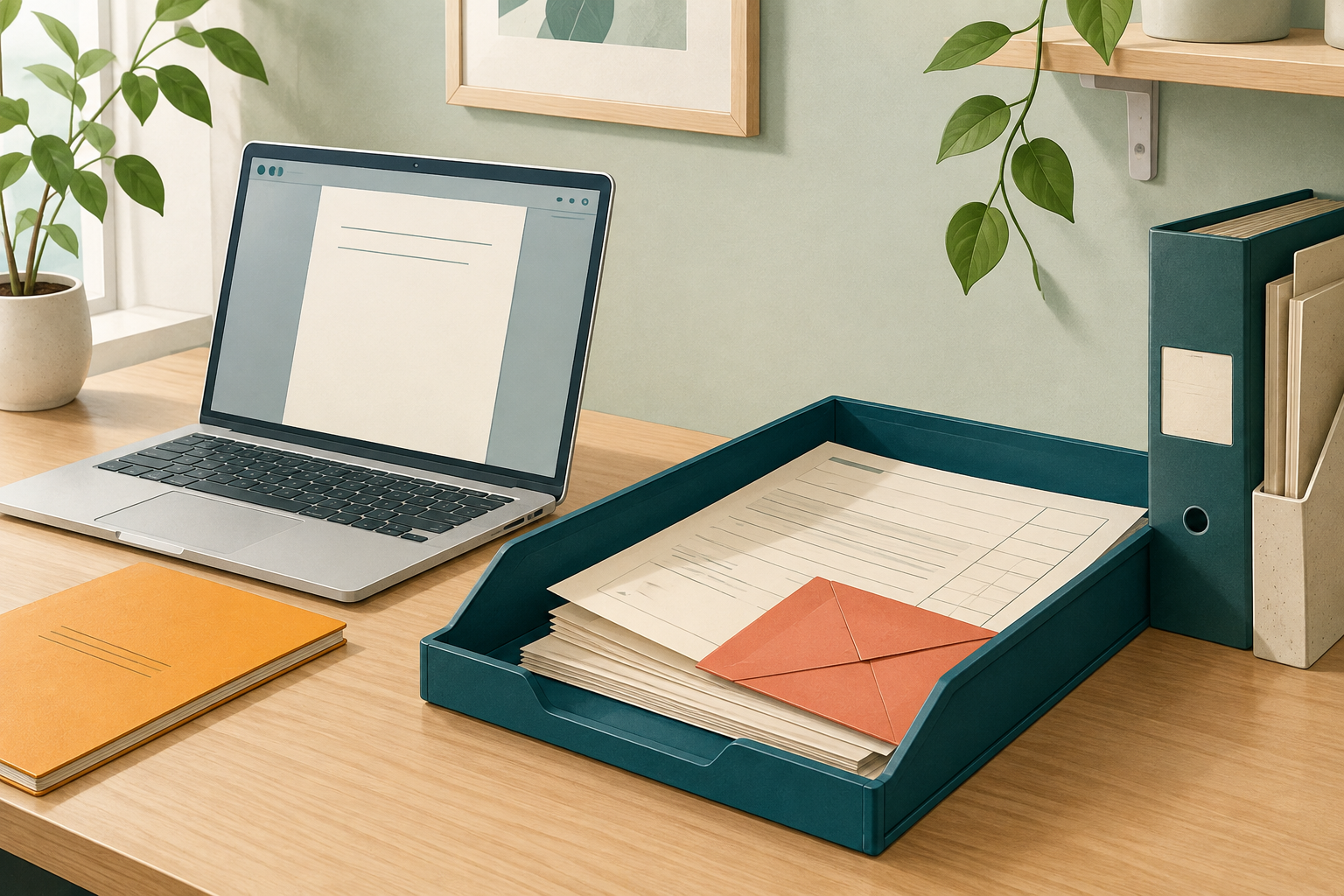 案内文の下書きを開いたパソコンと、トレーに置いた書類