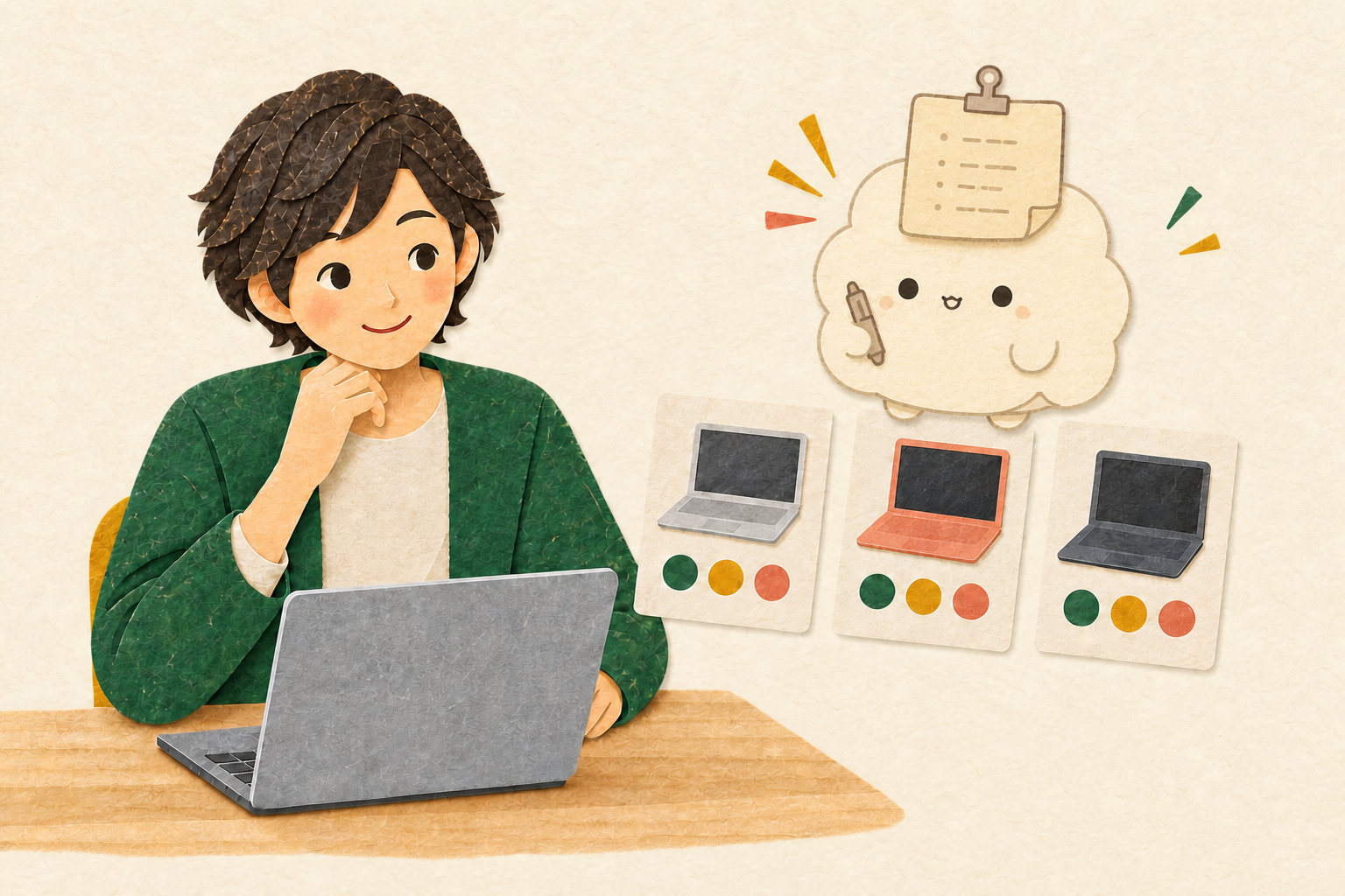 整理した希望条件をAIへ渡し、三つのパソコン候補を提案してもらうイラスト