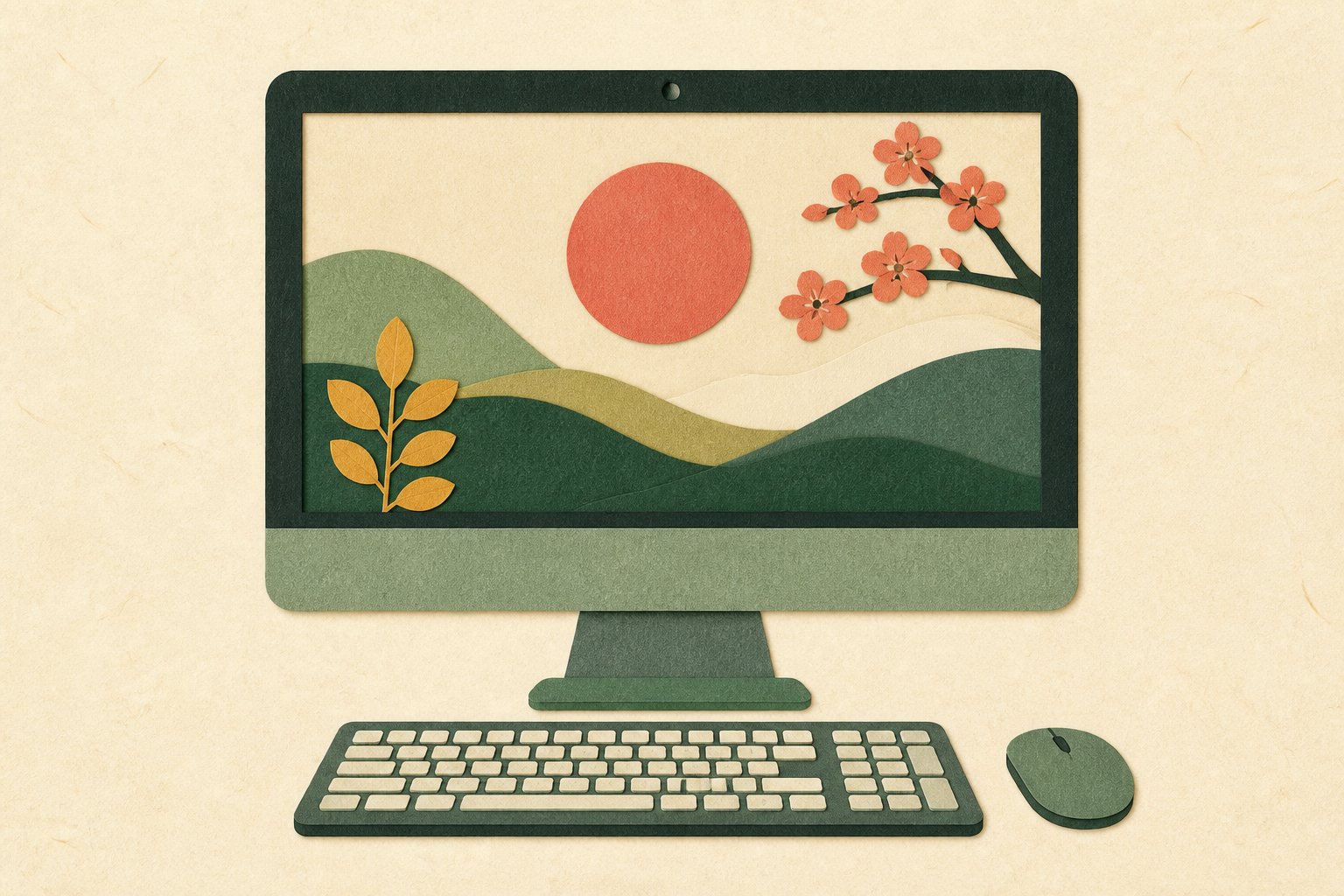 パソコン本体がモニターに入った画面一体型デスクトップの正面イラスト