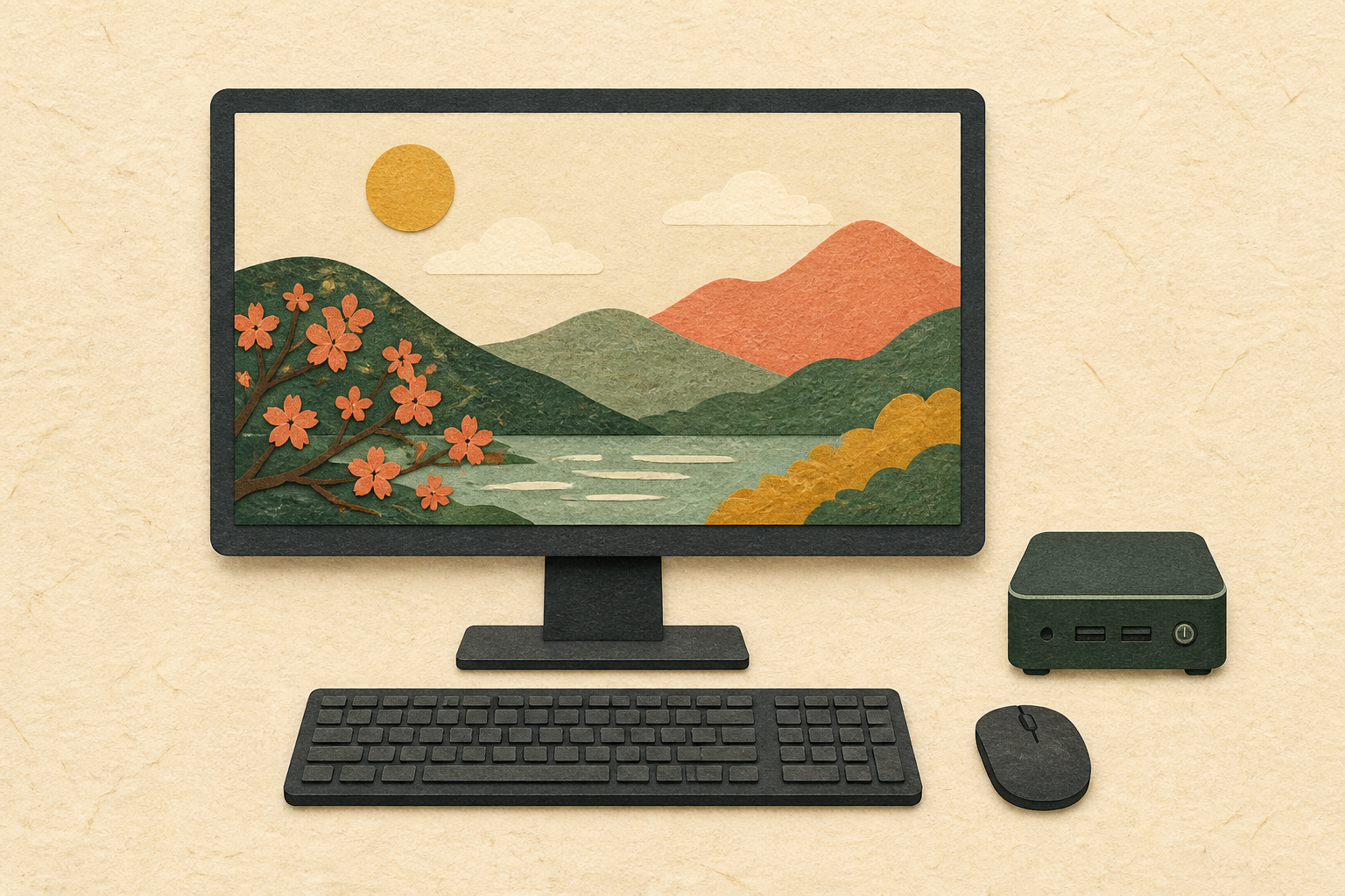 モニターと小さな本体が分かれたミニPCの正面イラスト